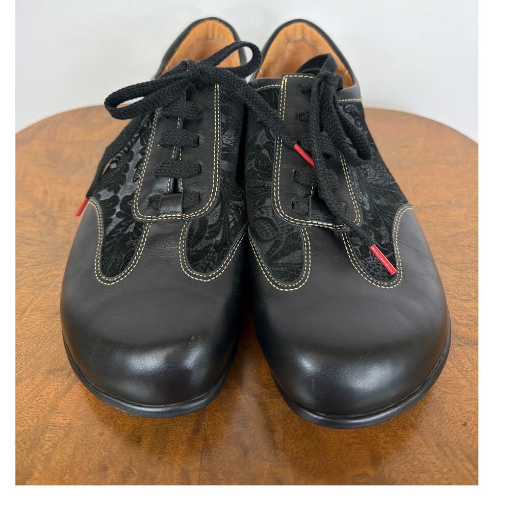 Think! Black Flocked Damask Leather Red Aglet Lace Up Sneaker 10 - Picture 2 of 9